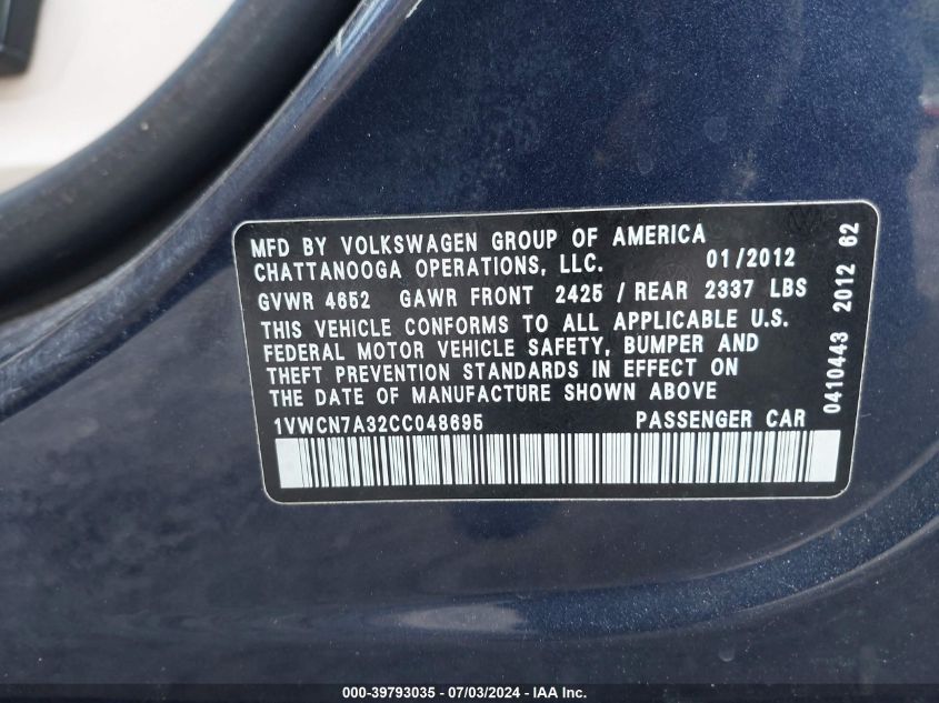 2012 Volkswagen Passat Sel VIN: 1VWCN7A32CC048695 Lot: 39793035