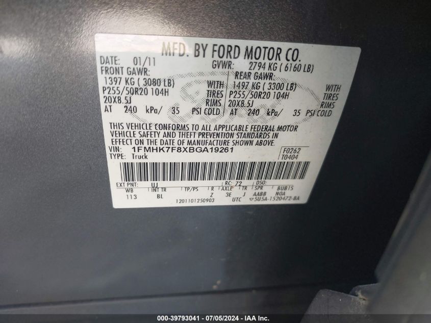 2011 Ford Explorer Limited VIN: 1FMHK7F8XBGA19261 Lot: 39793041