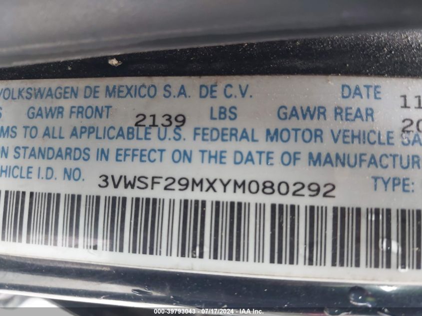 2000 Volkswagen Jetta Gls Tdi VIN: 3VWSF29MXYM080292 Lot: 39793043