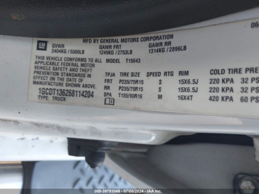 2006 Chevrolet Colorado Lt VIN: 1GCDT136268114204 Lot: 39793049