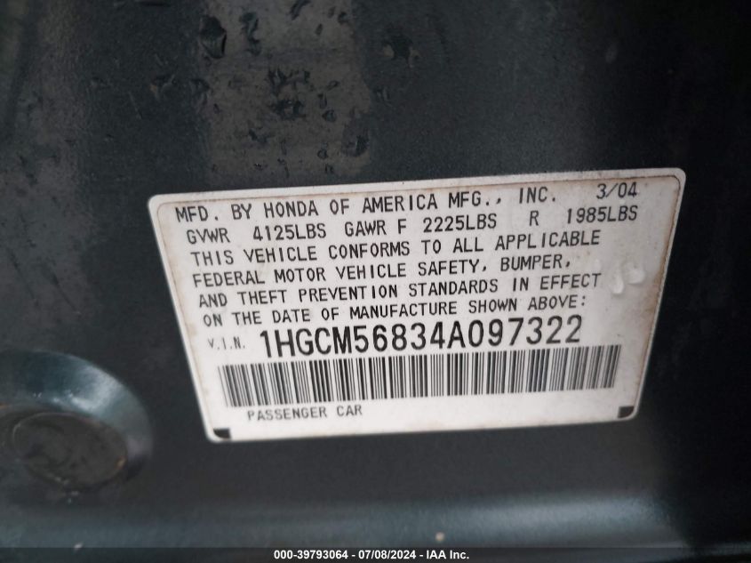 2004 Honda Accord 2.4 Ex VIN: 1HGCM56834A097322 Lot: 39793064