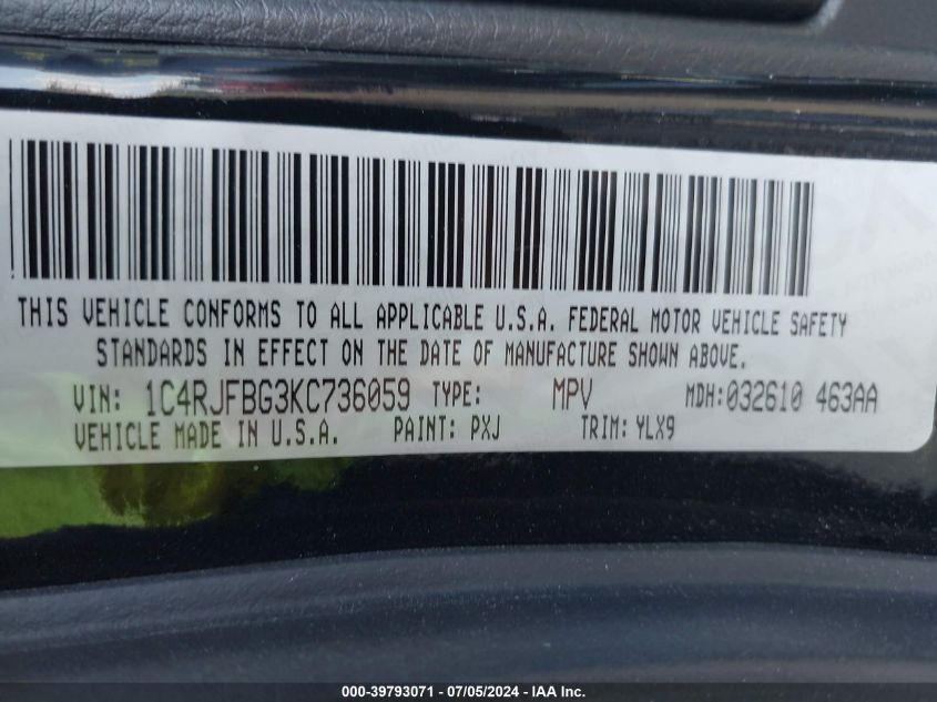 2019 Jeep Grand Cherokee Limited X 4X4 VIN: 1C4RJFBG3KC736059 Lot: 39793071
