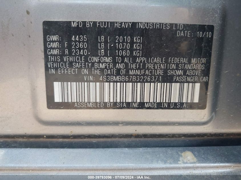 2011 Subaru Legacy 2.5I Premium VIN: 4S3BMBB67B3226371 Lot: 39793096