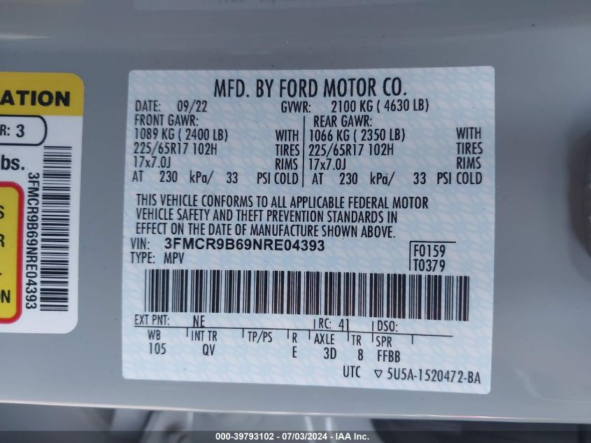 2022 Ford Bronco Sport Big Bend VIN: 3FMCR9B69NRE04393 Lot: 39793102