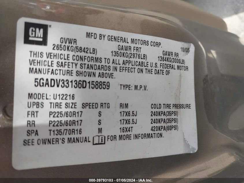 2006 Buick Terraza Cxl VIN: 5GADV33136D158859 Lot: 39793103