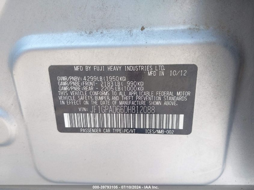 2013 Subaru Impreza Premium VIN: JF1GPAD66DH812088 Lot: 39793105