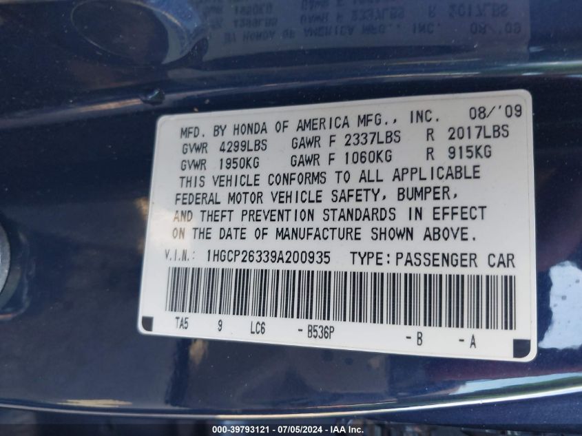2009 Honda Accord 2.4 Lx VIN: 1HGCP26339A200935 Lot: 39793121