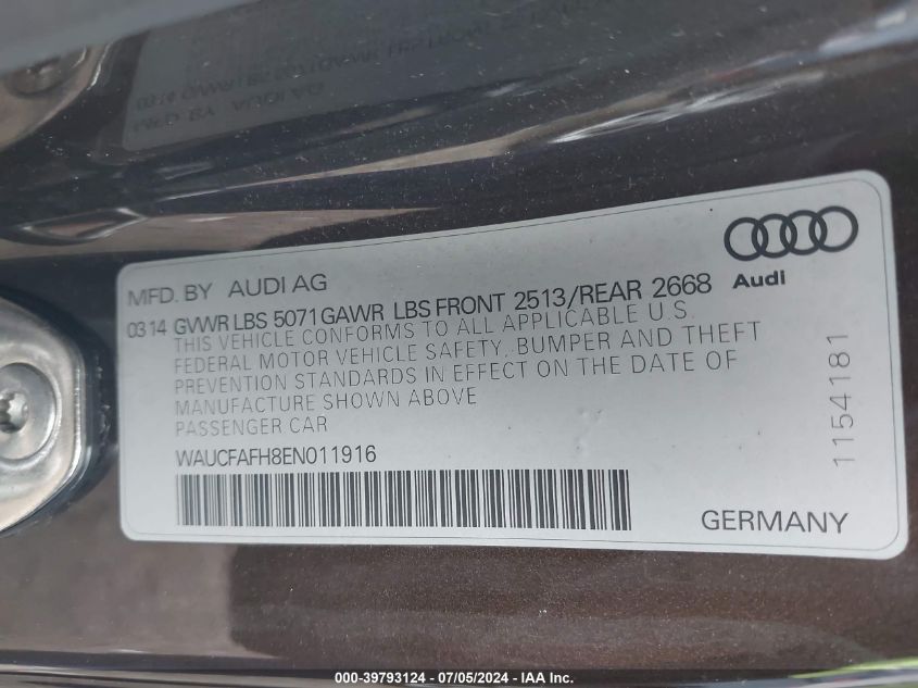 2014 Audi A5 2.0T Premium VIN: WAUCFAFH8EN011916 Lot: 39793124