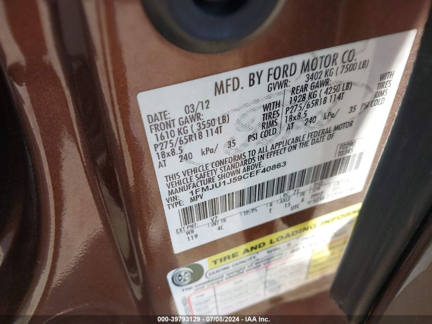 2012 Ford Expedition Xlt VIN: 1FMJU1J59CEF40863 Lot: 39793129