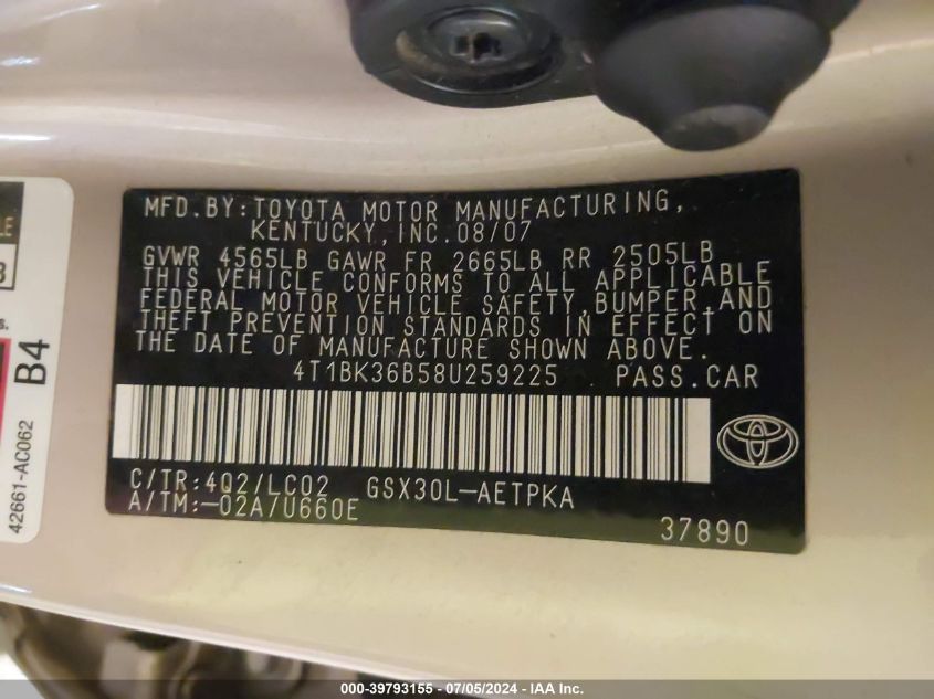 2008 Toyota Avalon Limited VIN: 4T1BK36B58U259225 Lot: 39793155