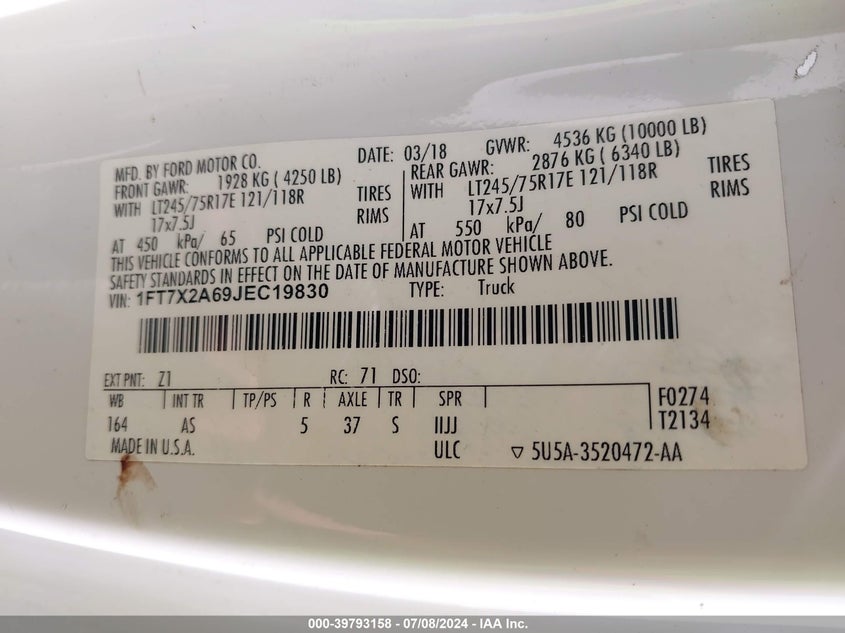 2018 Ford F-250 Xl VIN: 1FT7X2A69JEC19830 Lot: 39793158