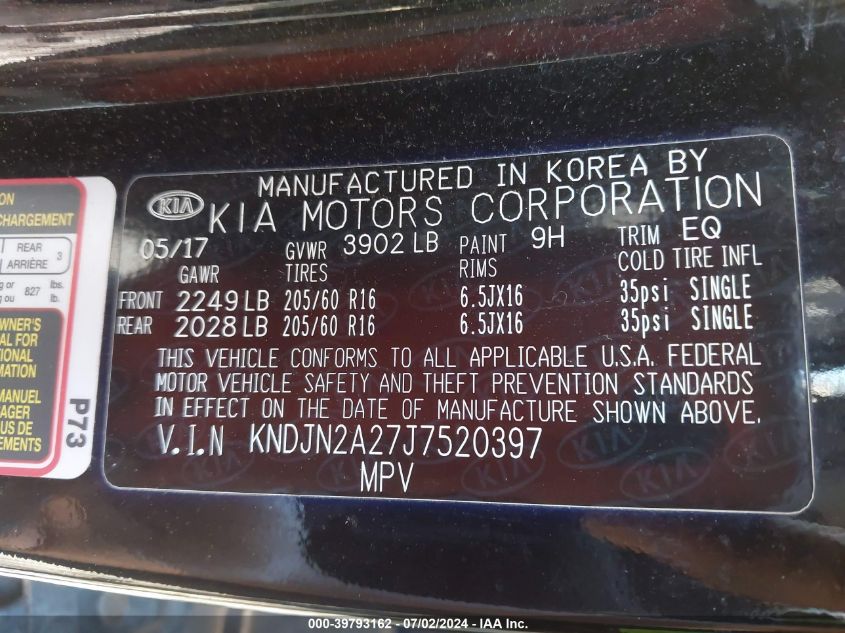 2018 Kia Soul VIN: KNDJN2A27J7520397 Lot: 39793162