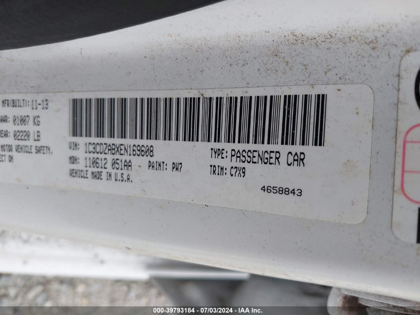2014 Dodge Avenger Se VIN: 1C3CDZABXEN169608 Lot: 39793184
