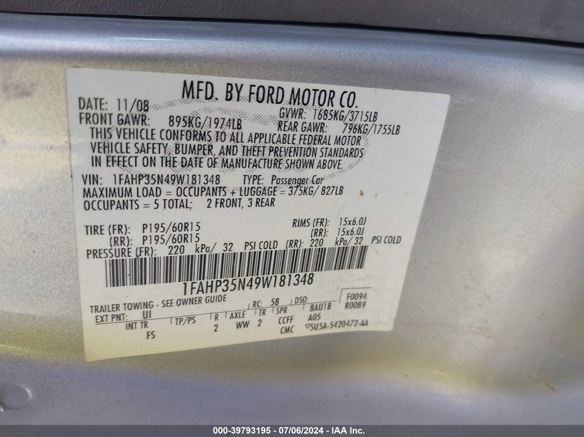 2009 Ford Focus Se VIN: 1FAHP35N49W181348 Lot: 39793195