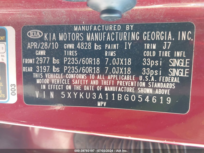 2011 Kia Sorento Ex VIN: 5XYKU3A11BG054619 Lot: 39793197