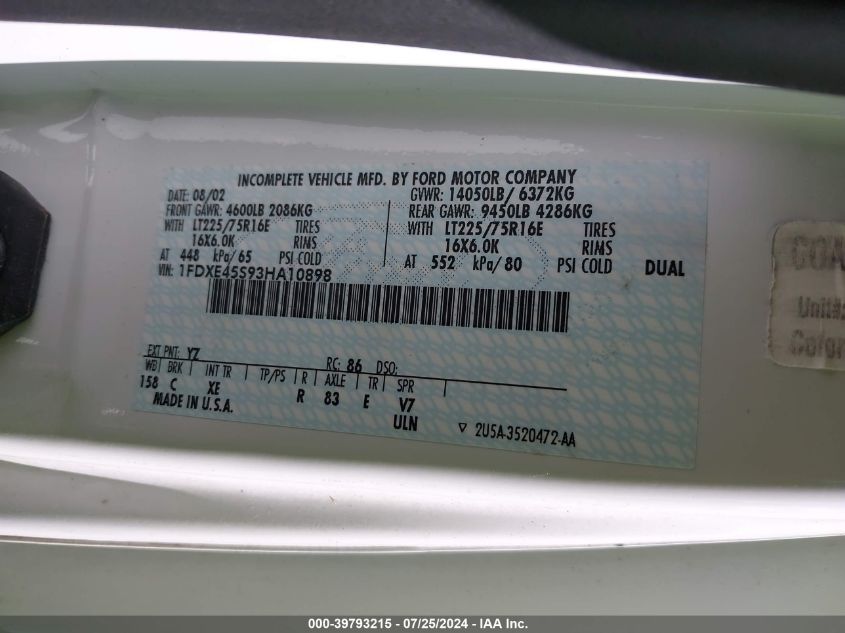 2003 Ford Econoline E450 Super Duty Cutwy Van VIN: 1FDXE45S93HA10898 Lot: 39793215