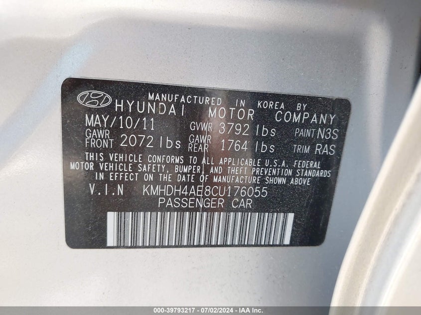 2012 Hyundai Elantra Gls (Ulsan Plant) VIN: KMHDH4AE8CU176055 Lot: 39793217