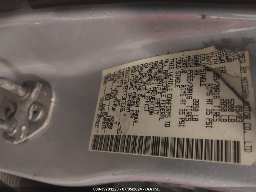 2003 Nissan Xterra Se VIN: 5N1ED28Y73C699626 Lot: 39793220