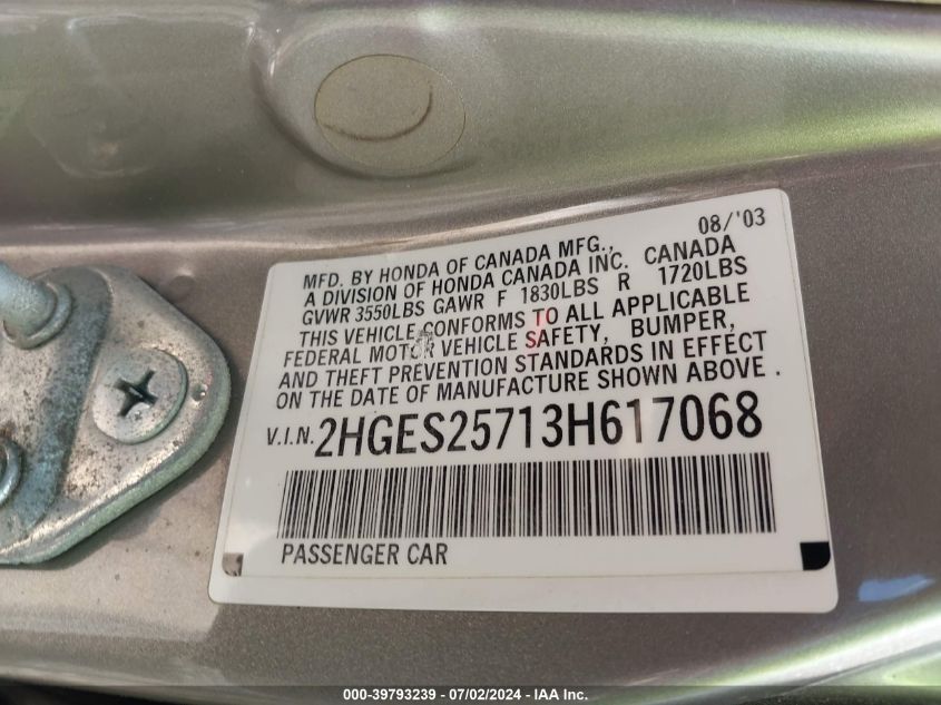 2003 Honda Civic Ex VIN: 2HGES25713H617068 Lot: 39793239