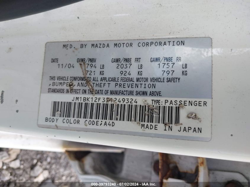 2005 Mazda Mazda3 I VIN: JM1BK12F351249324 Lot: 39793240