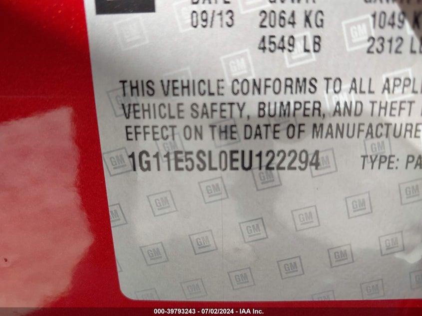 2014 Chevrolet Malibu 2Lt VIN: 1G11E5SL0EU122294 Lot: 39793243