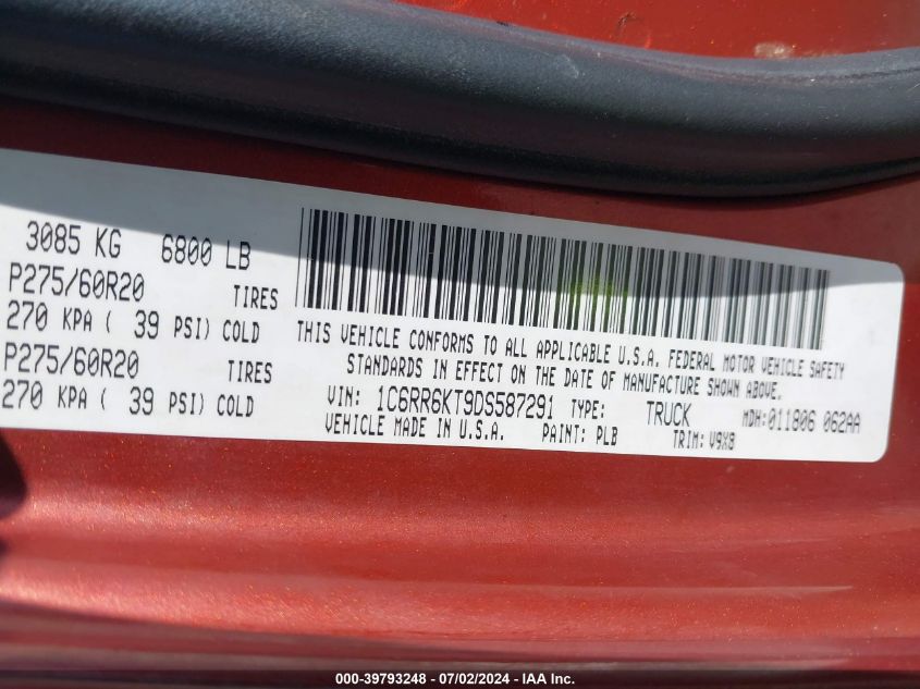 2013 Ram 1500 Tradesman/Express VIN: 1C6RR6KT9DS587291 Lot: 39793248