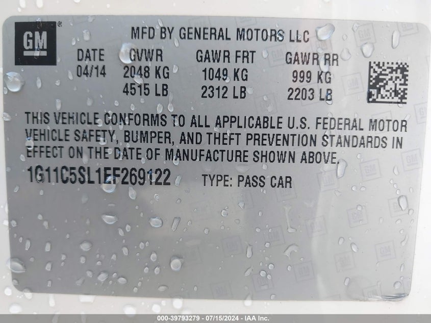 2014 Chevrolet Malibu 1Lt VIN: 1G11C5SL1EF269122 Lot: 39793279