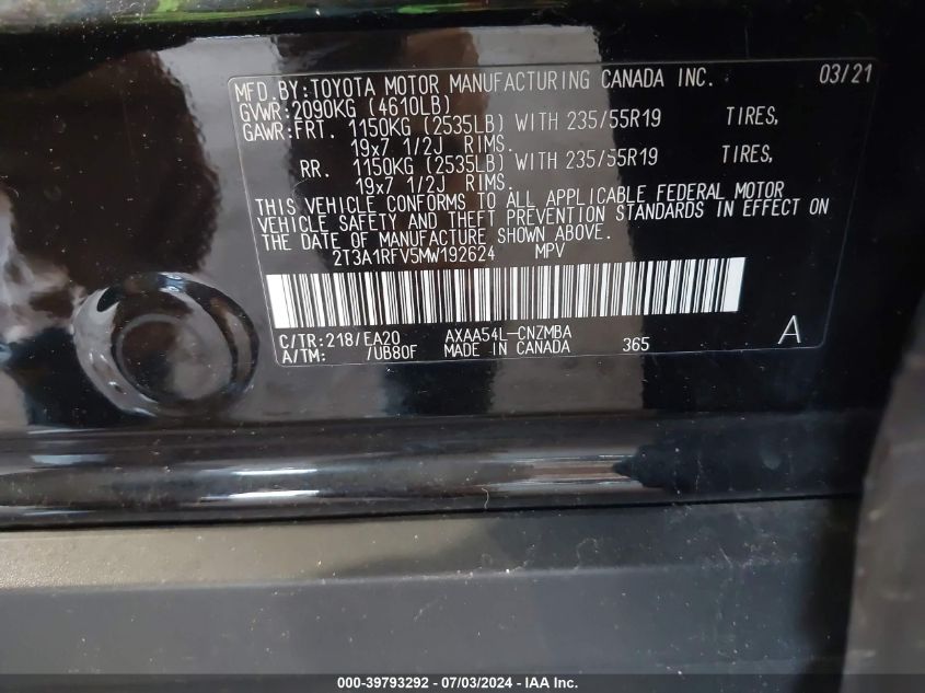 2021 Toyota Rav4 Xle Premium VIN: 2T3A1RFV5MW192624 Lot: 39793292