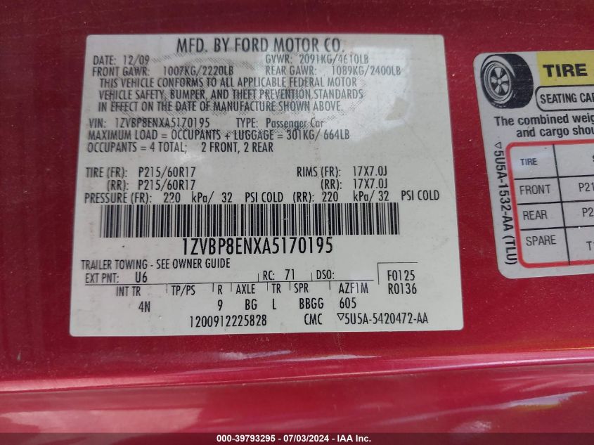 2010 Ford Mustang V6/V6 Premium VIN: 1ZVBP8ENXA5170195 Lot: 39793295