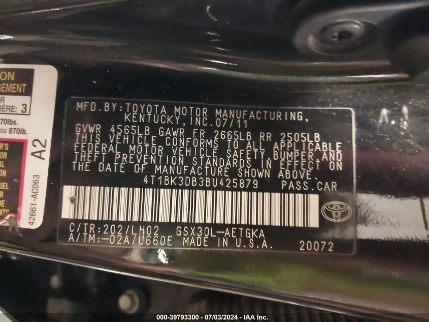 2011 Toyota Avalon Limited VIN: 4T1BK3DB3BU425879 Lot: 39793300