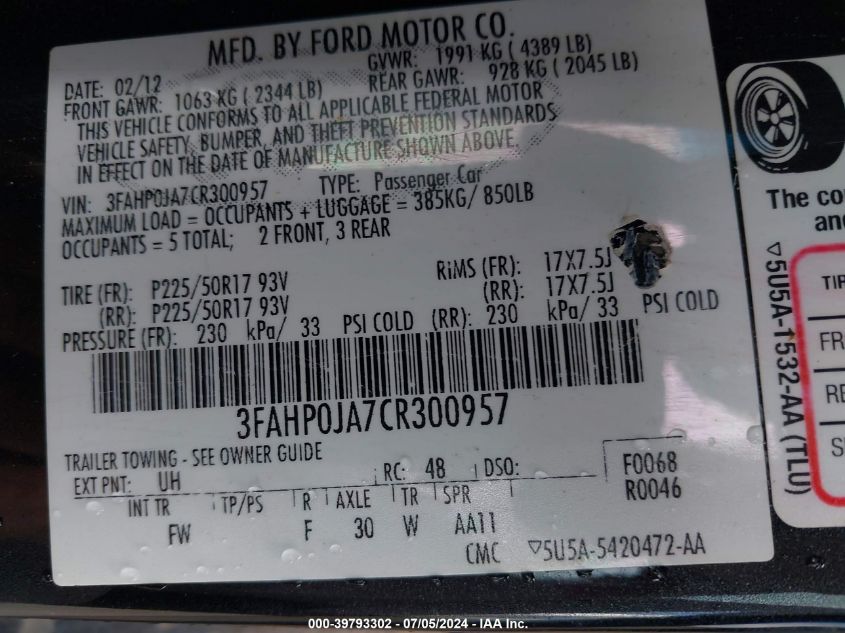 2012 Ford Fusion Sel VIN: 3FAHP0JA7CR300957 Lot: 39793302