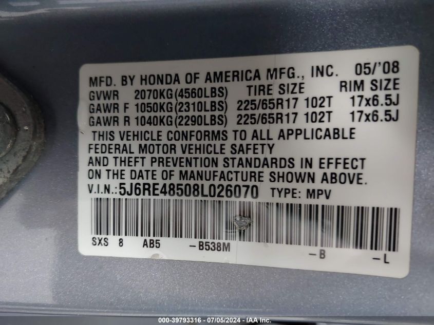 2008 Honda Cr-V Ex VIN: 5J6RE48508L026070 Lot: 39793316