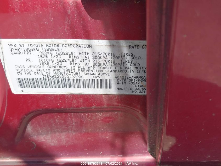 2001 Toyota Rav4 VIN: JTEHH20V210122200 Lot: 39793319