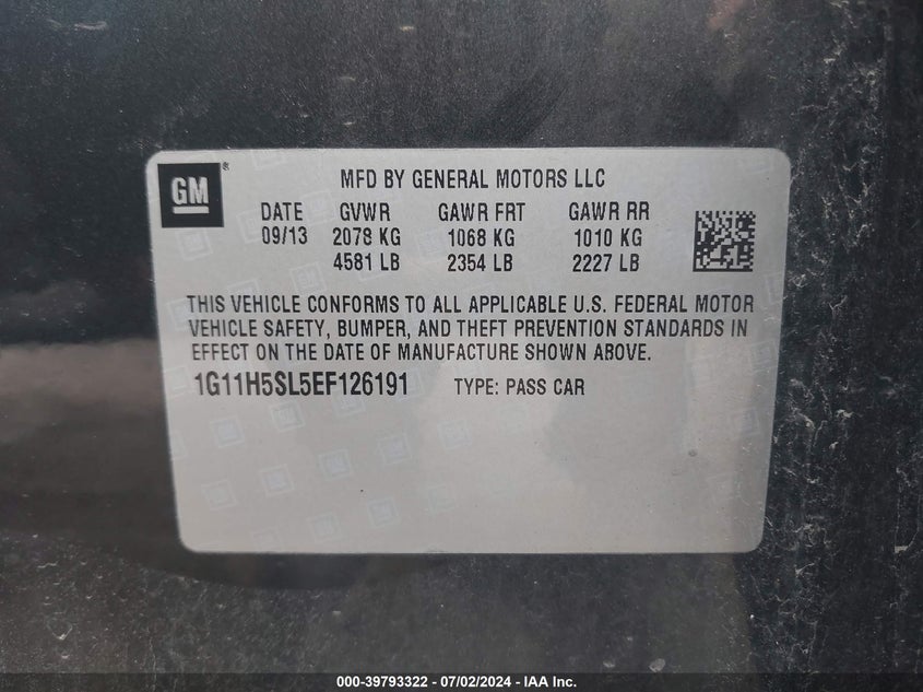 2014 Chevrolet Malibu 1Lz VIN: 1G11H5SL5EF126191 Lot: 39793322