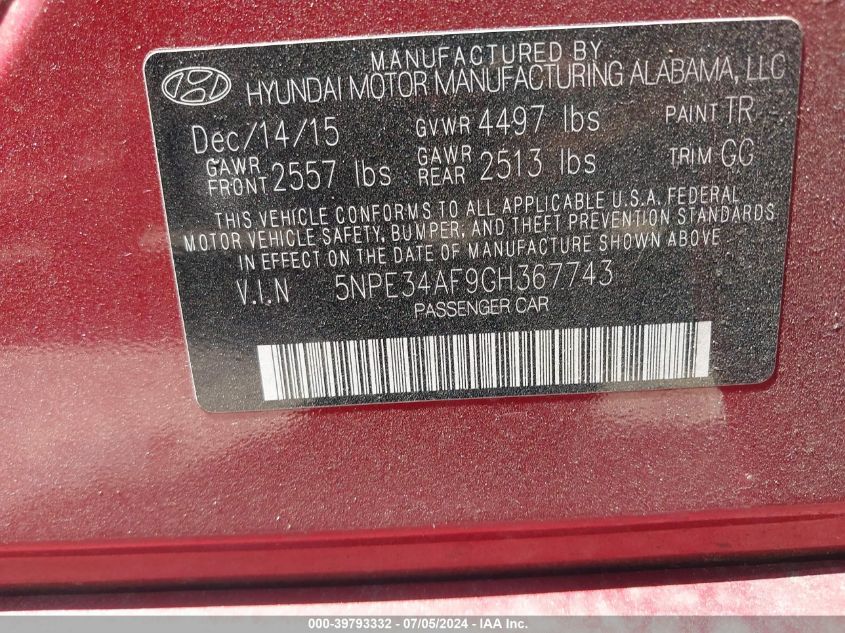 2016 Hyundai Sonata Sport VIN: 5NPE34AF9GH367743 Lot: 39793332