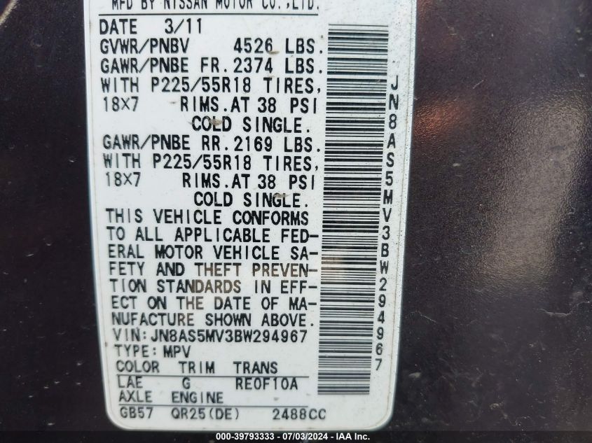 2011 Nissan Rogue S/Sv/Krom VIN: JN8AS5MV3BW294967 Lot: 39793333