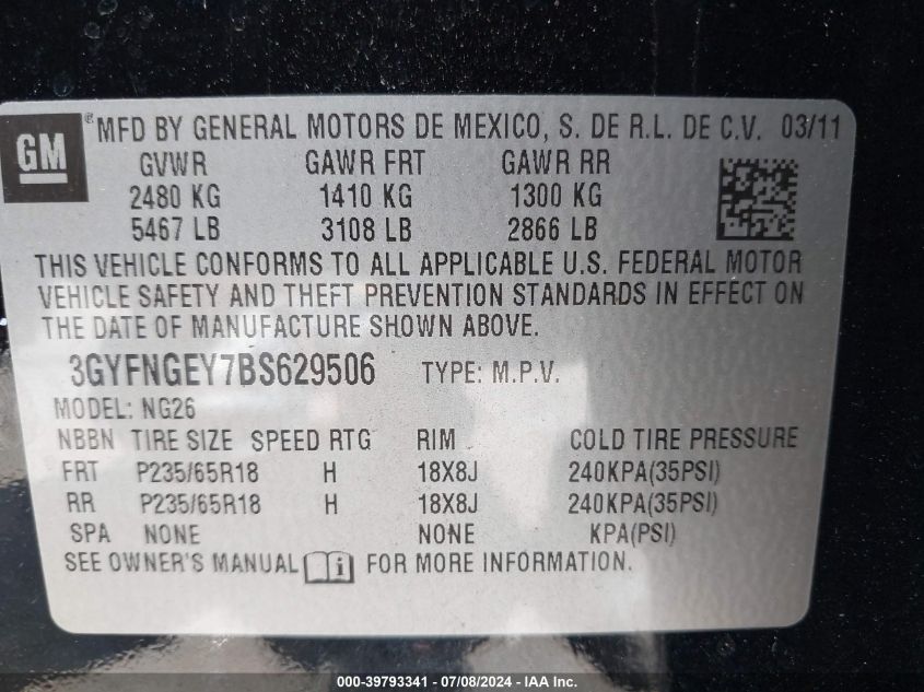 2011 Cadillac Srx Standard VIN: 3GYFNGEY7BS629506 Lot: 39793341