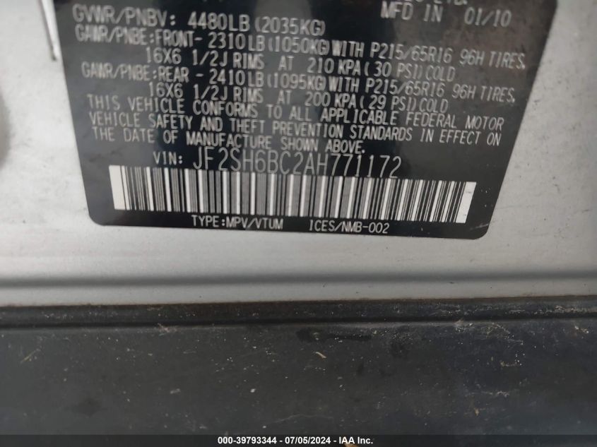 2010 Subaru Forester 2.5X VIN: JF2SH6BC2AH771172 Lot: 39793344