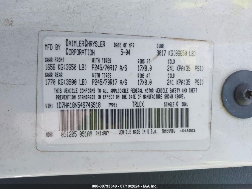 2004 Dodge Ram 1500 Slt/Laramie VIN: 1D7HA18N54S746918 Lot: 39793349