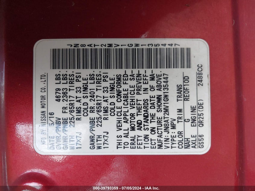 2016 NISSAN ROGUE S/SL/SV - JN8AT2MV1GW135447