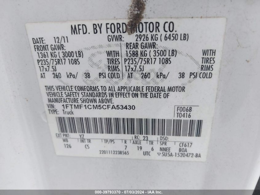 2012 Ford F150 VIN: 1FTMF1CM5CFA53430 Lot: 39793370