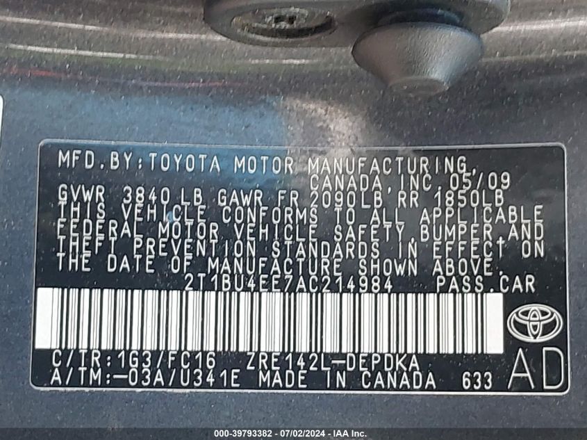 2010 Toyota Corolla Le VIN: 2T1BU4EE7AC214984 Lot: 39793382