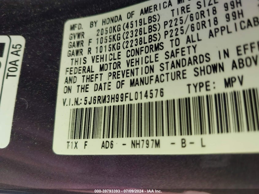 2015 HONDA CR-V TOURING - 5J6RM3H99FL014576