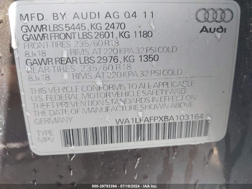 2011 Audi Q5 2.0T Premium VIN: WA1LFAFPXBA103164 Lot: 39793394