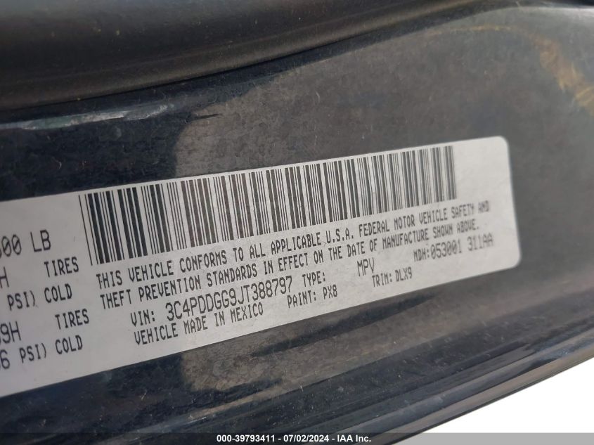 2018 Dodge Journey Crossroad Awd VIN: 3C4PDDGG9JT388797 Lot: 39793411