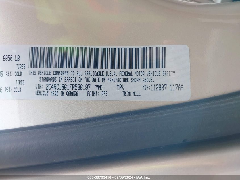 2015 Chrysler Town & Country Touring VIN: 2C4RC1BG1FR596197 Lot: 39793416