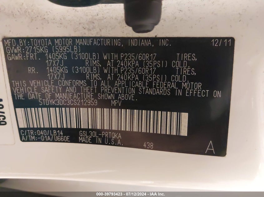 2012 Toyota Sienna Xle V6 8 Passenger VIN: 5TDYK3DC3CS212959 Lot: 39793423