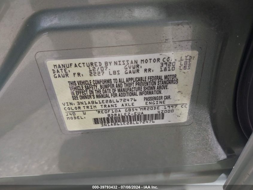 2008 Nissan Sentra 2.0 S VIN: 3N1AB61E28L672476 Lot: 39793432