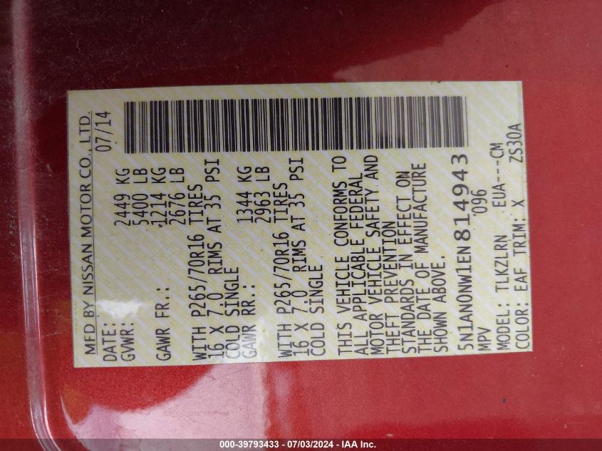 2014 Nissan Xterra S VIN: 5N1AN0NW1EN814943 Lot: 39793433