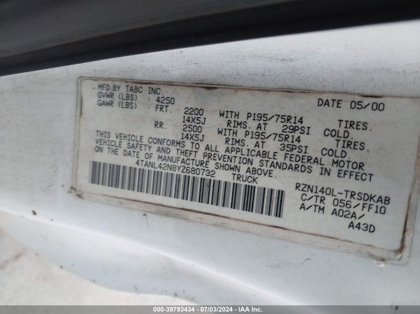 2000 Toyota Tacoma VIN: 4TANL42N8YZ680732 Lot: 39793434
